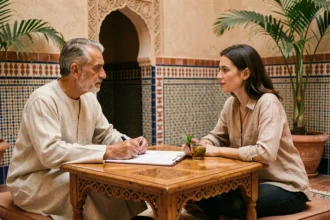 Négociation du prix d'un riad à Marrakech entre un vendeur marocain et une acheteuse européenne autour de documents immobiliers