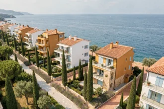 Vue aérienne de programmes immobiliers neufs en Provence-Alpes-Côte d'Azur avec façades provençales et mer Méditerranée en arrière-plan