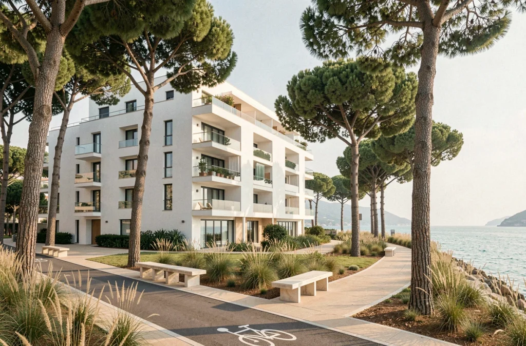 Programme Rive Nature à Antibes par Nexity avec façade côtière et promenade végétalisée face à la mer