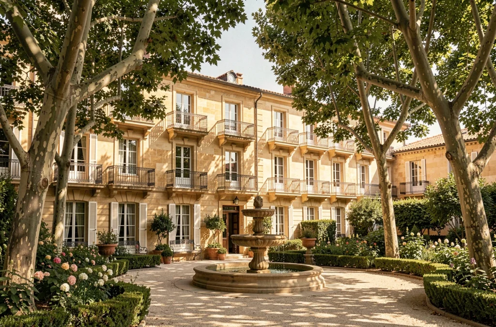 Les Terrasses d'Ella à Aix-en-Provence avec façade en pierre dorée et jardins provençaux arborés