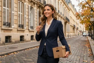 Femme professionnelle tenant des clés d'appartement devant une rue typique de Lyon lors de son arrivée pour un CDD longue durée