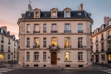 Façade d'un immeuble d'habitation français au crépuscule