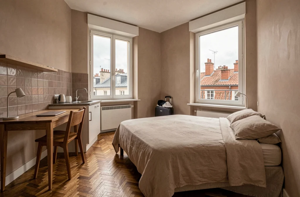 Studio meublé moderne à Lyon avec valise partiellement défaite illustrant une location flexible pour un séjour en CDD longue durée